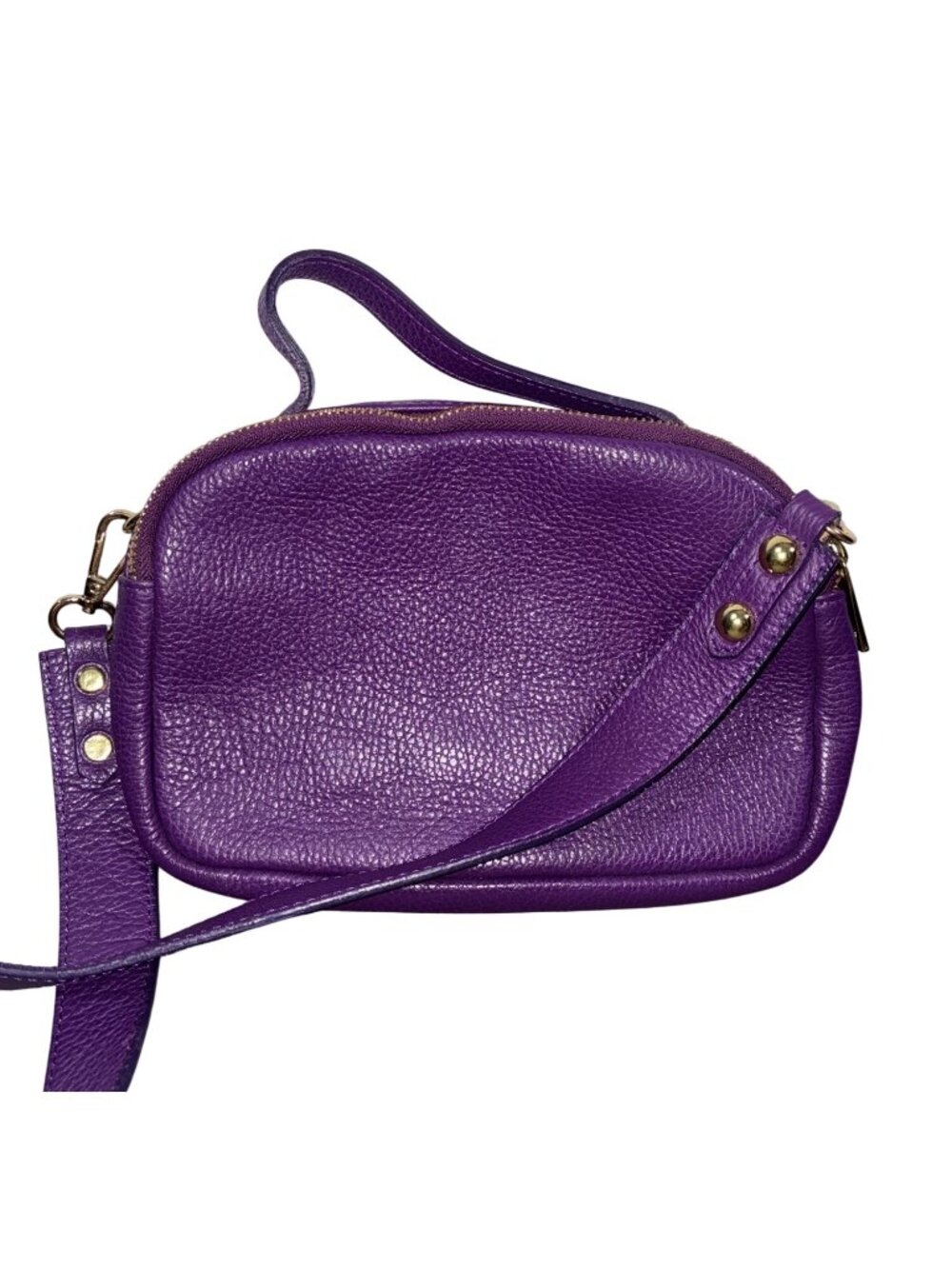Italian Pebbled Leather Purple camera Crossbody Bag Adjustable Strap Gold Hardwa